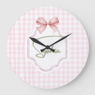 Grande Horloge Ronde Sophia Nœud Rose Personnalisé & Imprimé Vichy Rose