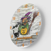 Grande Horloge Ronde Sorcière, Chat, Chauve-souris et Citrouille, Bonne (Angle)