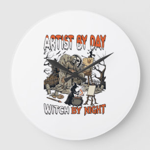 Grande Horloge Ronde Sorcière de jour d'artiste Nuit d'Halloween Peintr