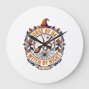 Grande Horloge Ronde Sorcière de jour de sage-femme Nuit Halloween Stet