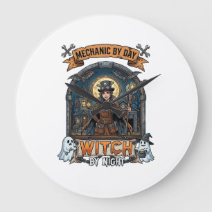 Grande Horloge Ronde Sorcière de nuit mécanique Jour Halloween Steampun