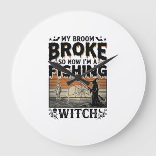 Grande Horloge Ronde Sorcière de pêche Halloween Vintage Vector Design_