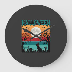 Grande Horloge Ronde Sorcière d'Halloween Chat Toile d'araignée Lune Ci