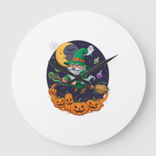 Grande Horloge Ronde Sorcière d'Halloween Gnome Balai Citrouilles Lune