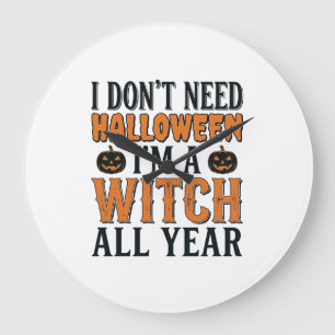 Grande Horloge Ronde Sorcière drôle toute l'année Typographie Halloween