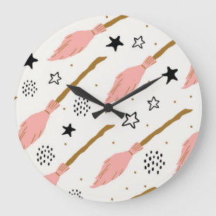 Grande Horloge Ronde Sorcière école Motif de doodle magique