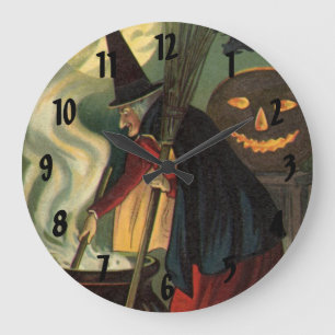 Grande Horloge Ronde Sorcière Halloween Vintage remuant le Chaudron Mag