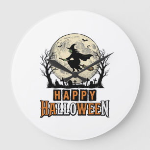 Grande Horloge Ronde Sorcière Vintage Joyeux Halloween Vector Design_1
