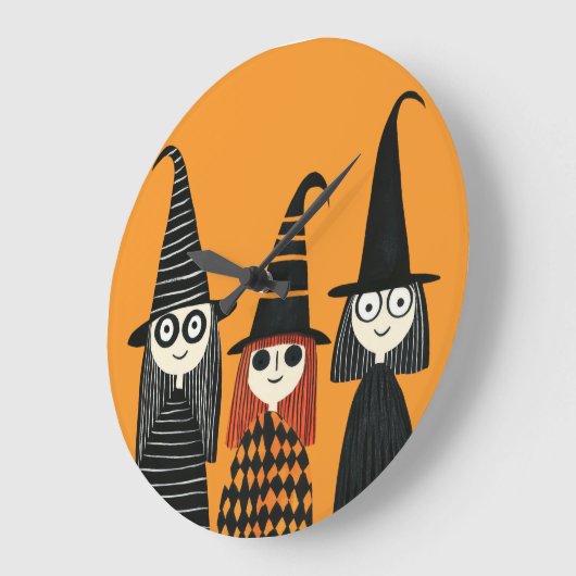Grande Horloge Ronde Sorcières Fantaisistes Halloween Mignon et Effraya (Angle)