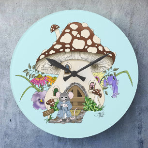 Grande Horloge Ronde Souris Fantaisiste Maison Champignon Floral Bleu