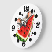 Grande Horloge Ronde Souris joyeuse mange pastèque (Angle)
