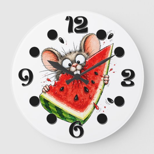 Grande Horloge Ronde Souris joyeuse mange pastèque (Recto)