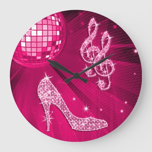 Grande Horloge Ronde Sparkly Hot Pink Music Note & Stiletto Très (Recto)