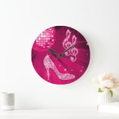 Grande Horloge Ronde Sparkly Hot Pink Music Note & Stiletto Très (Maison)