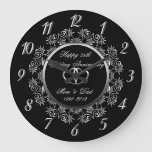 Grande Horloge Ronde Spirales d'argent Cœurs 25e anniversaire de mariag