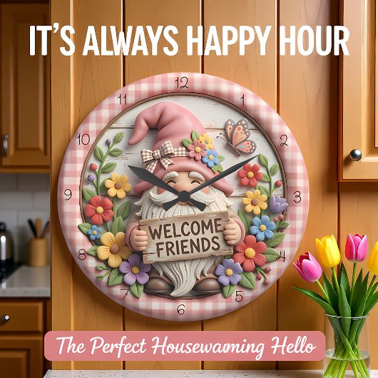 Grande Horloge Ronde Spring Gnome Welcome Friends