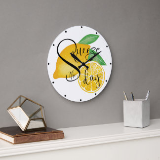Grande Horloge Ronde Squeeze The Day Tropical Lemons Art Illustration