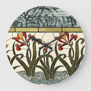 Grande Horloge Ronde Stained Glass Flowers with Tan Border
