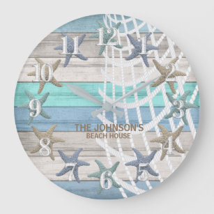Grande Horloge Ronde Starfish and Beach Wood Nautique - Turquoise bleu