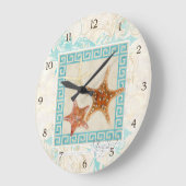 Grande Horloge Ronde Starfish Sea Shells Ocean Greek Key Pattern (Angle)