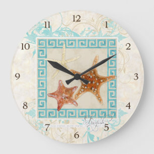 Grande Horloge Ronde Starfish Sea Shells Ocean Greek Key Pattern
