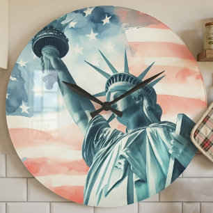 Grande Horloge Ronde Statue de la Liberté à l'aquarelle avec drapeau am