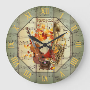 Grande Horloge Ronde Steampunk~Cello~Edison Phonograph~Bass Saxhorn ~
