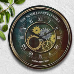 Grande Horloge Ronde Steampunk Inspiré Personnalisé<br><div class="desc">Design amusant et personnalisé. Fait le cadeau parfait pour un ménage,  mariage,  ou toute occasion! Un thème amusant,  métallique,  en détresse steampunk inspiré.</div>