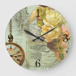 Grande Horloge Ronde Steampunk & Roses Jaunes en Vert