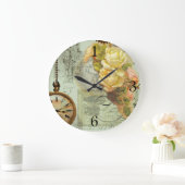 Grande Horloge Ronde Steampunk & Roses Jaunes en Vert (Maison)