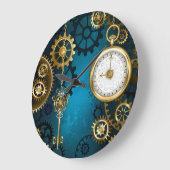 Grande Horloge Ronde Steampunk turquoise Background with Gears (Angle)