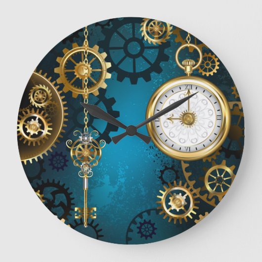 Grande Horloge Ronde Steampunk turquoise Background with Gears (Recto)