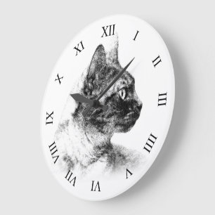 Grande Horloge Ronde Stella la magnifique chatte grise, un beau félin