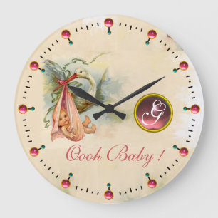 GRANDE HORLOGE RONDE STORK BABY GIRL SHOWER PINKGEM STONE MONOGRAM