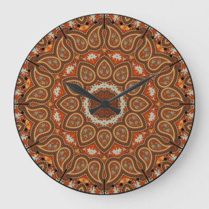 Grande Horloge Ronde Style Boho Paisley Kaleidoscope Acorn Brown