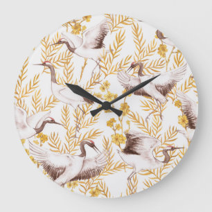 Grande Horloge Ronde Style chinois doré, motif sakura aquarelle.