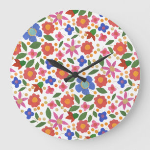 Grande Horloge Ronde Style d'art populaire Floral sur blanc Acrylique h