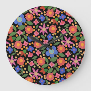 Grande Horloge Ronde Style d'art populaire Floral sur noir Acrylique ho