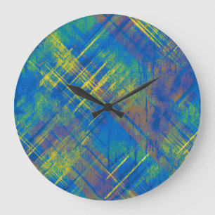 Grande Horloge Ronde Style désordonné Chèque Plaid Bleu, vert, jaune