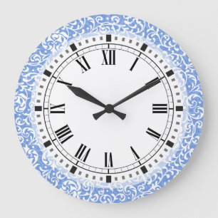Grande Horloge Ronde Style floral bleu et blanc de cru de damassé de