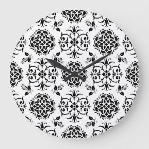 Grande Horloge Ronde Style floral damassé vintage noir et blanc