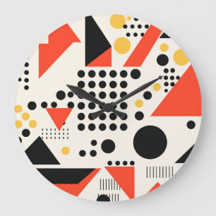 Grande Horloge Ronde Style géométrique rétro Memphis rouge et noir