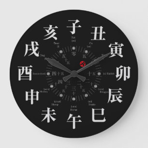 Grande Horloge Ronde Style japonais de signes zodiaques [face noire]