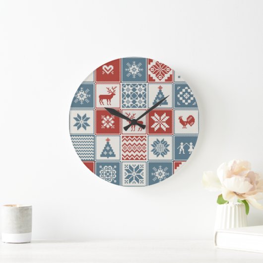 Grande Horloge Ronde Style Patchwork : Motif ornemental de Noël (Maison)