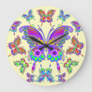 Grande Horloge Ronde Style tatoué Butterfly Colorful