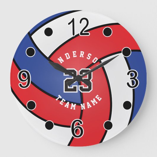 Grande Horloge Ronde Style Volleyball rouge, blanc et bleu avec do-it-y (Recto)