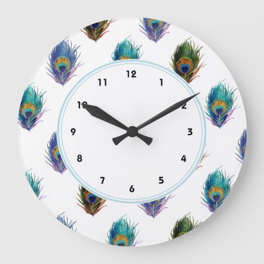 Grande Horloge Ronde Stylish Peacock plumes motif murale blanche horlog (Recto)