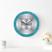 Grande Horloge Ronde Stylish Turquoise Blue Glitter (Maison)