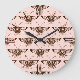 Grande Horloge Ronde Stylized art Deco butterfly - chocolate and peach