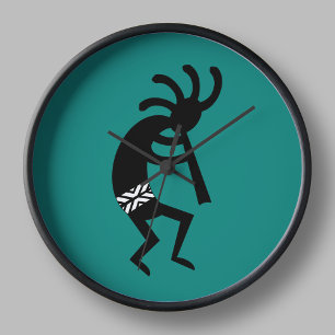 Grande Horloge Ronde Sud-ouest Teal de Kokopelli et noir